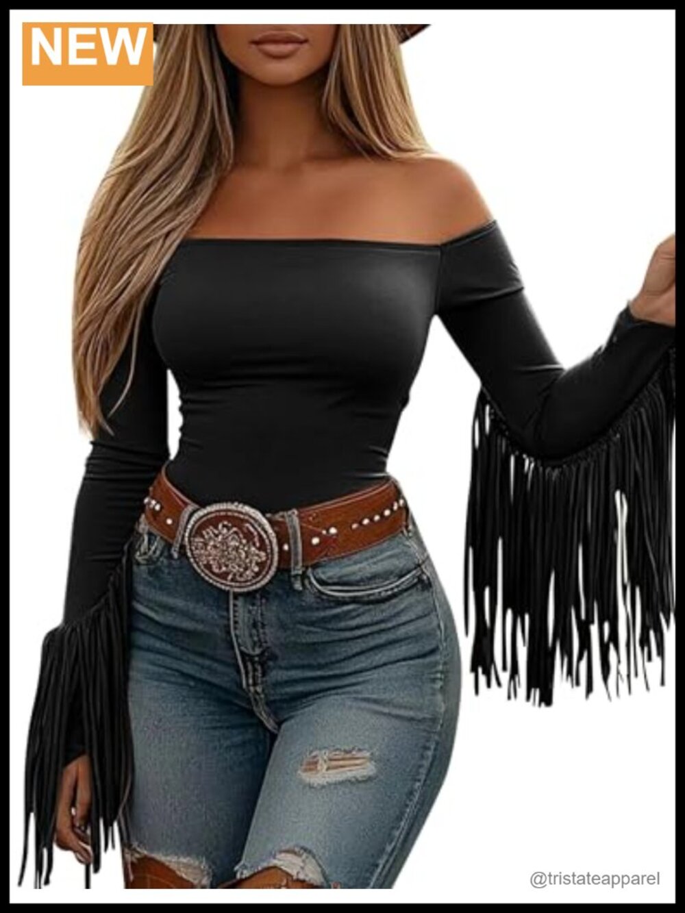 Western Cowgirl Fringe Top Off Shoulder Long Sleeve Stretchy Crop Blouse